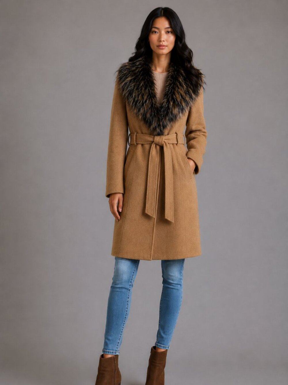 y2k penny lane removable Faux Fur Collar Belted Wrap Coat W/ S Brown LN/NWOT